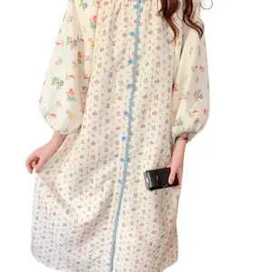 Soft Floral Button-Up Nightgown Cozy Sleepwear for Women with Puffy Sleeves and Colorful Flower Pattern