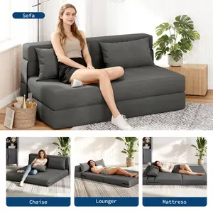 Convertible Folding Sofa Bed Sleeper Chair - Modern Linen Futon Couch with Pillow - Portable Pull Out Loveseat for Living Room, Bedroom, Dorm, Apartment, Home Office - Queen Size - Dark Gray