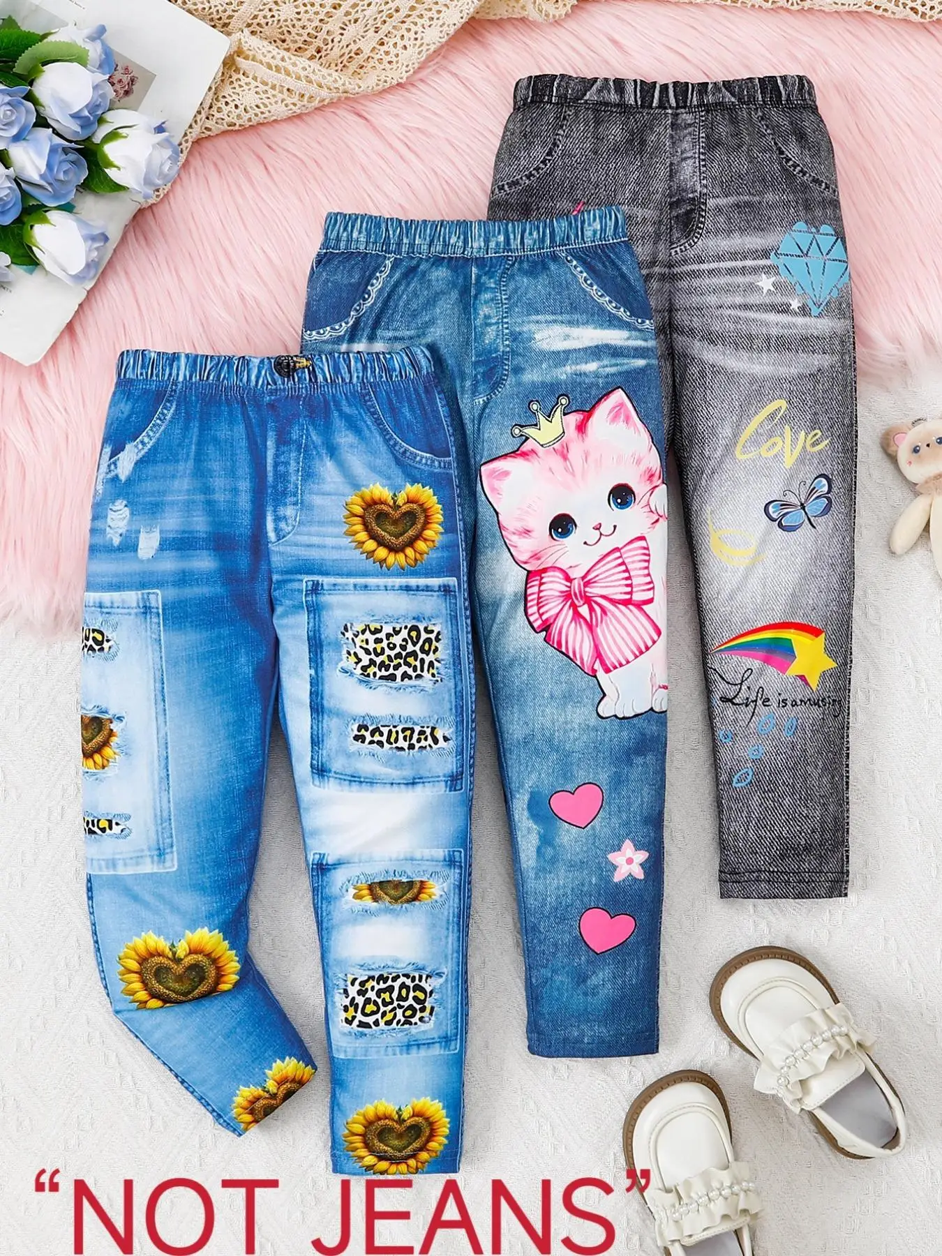 Girl's Cartoon Cat & Sunflower & Unicorn Print Denim-effect Print Elastic Waist Pants, Cute Casual Trousers for Spring & Fall, Kids Bottoms for Daily