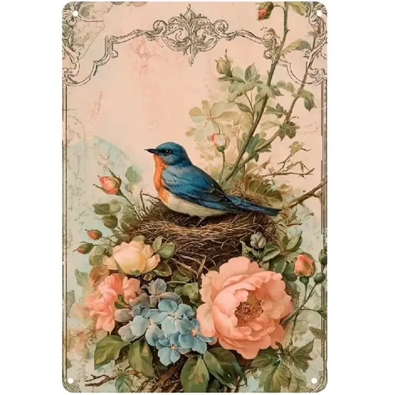 Vintage Metal Tin Decorative Sign - 8x12in Waterproof Wall Hanging with Bluebird Nest, Pink Rose, Limelight Hydrangea Flowers, Ornate Victorian Frame, Casual Shabby Chic Distressed Floral Design, Farmhouse Home Decor Products for Cottage Core Bedroom, Dur