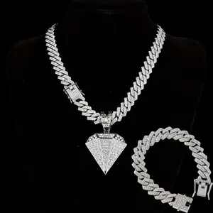 Popular Hip Hop Pendant Cuban Chain Necklace & 8 Inch Cuban Bracelet Set - Men's 14mm Pendant Cuban Chain Necklace for Party Gatherings Holiday Gifts Multiple