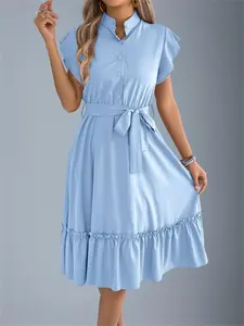Women's Solid Color Ruffle Trim Belted Dress, Casual Wear Womenswear Cap Sleeve  A Line Dress for Summer, Ladies Clothes for Beach Holiday
