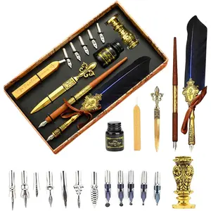 Feather Calligraphy Pen and Ink Set with Wax Seal Stamp Kit Sealing Wax Spoon Writing Paper Wood Dip Pen Craft Decoration Pen Feather Pen Holder Gift Box for Writing Royal Blue