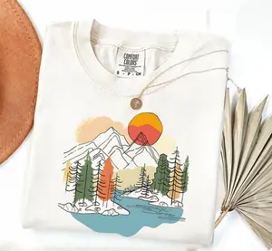 Comfort Colors Mountain Landscape Graphic Tee, Nature Aesthetic Outdoor Shirt Women, Hiking Adventure River Forest T-Shirt
