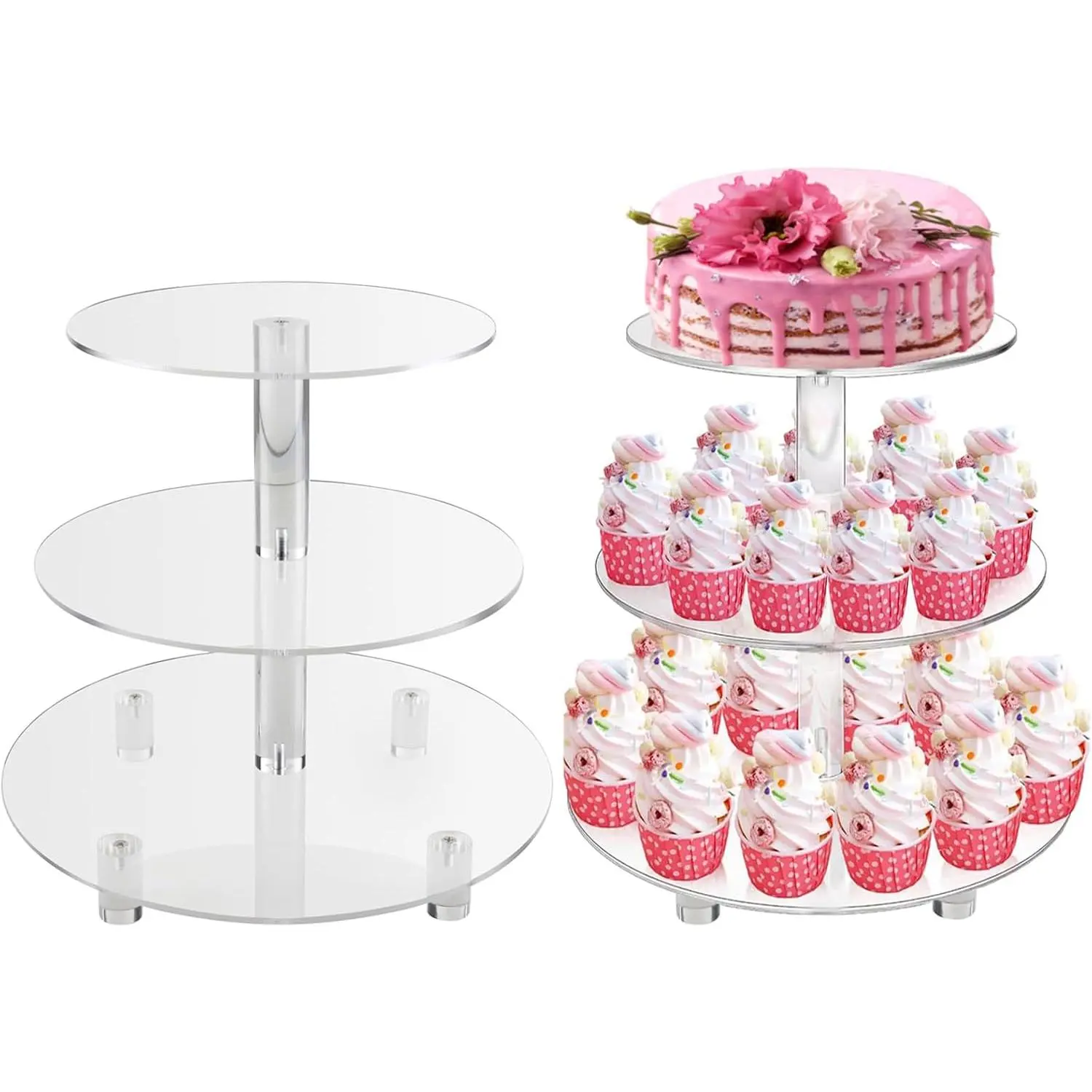 3 Tiers Round Cupcake Stand,  Cake Tower Stand Holder Macaron Display Rack Cookie Candy Buffet Desserts Platter with Base for  Shower, Birthday Party, Wedding, Party (3-Tiers with Base)