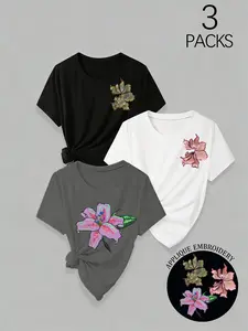 Heavy-Duty Sequined Embroidered Floral T-Shirts Set, 3-Piece Casual Fitted Round Neck Tops, Soft Skin-Friendly Fabric, Spring Summer