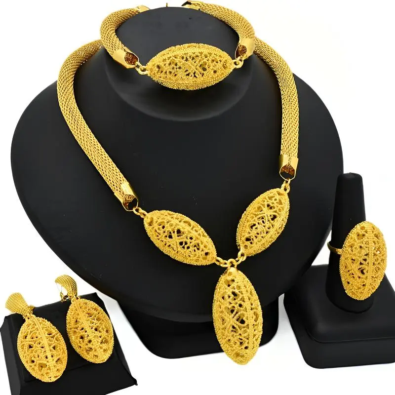 Women's 4-Piece Statement Choker Combo Jewelry Set - Durable Gold-Plated Mesh, Gold-Colored Teardrop Earrings, Beads Necklace, Ring, Bracelet - Female Daily Fashion Costume Set Jewelry Accessory, Combo Jewelry Sets, Gold-Colored Jewelry Sets