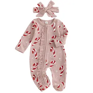 Infant Baby Girl Christmas Oblique Zipper Romper Long Sleeve O Neck Candy Cane/Gingerbread Print Jumpsuit with Headband