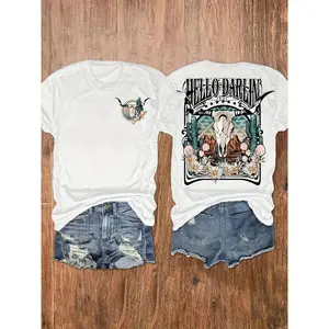 Hello Darlin Western Cow Skull Cactus Desert Graphic Tee For Women Vintage Boho Country Concert Outfit Soft Short Sleeve Casual Crewneck Summer Top