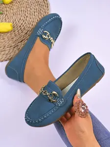 Women's Casual Sport Slip-On Shoes, Comfortable Fashion Round Toe Low Top PU Leather Sneakers with Chain Decoration, Flat Single Sole, Rubber, Walking Shoes