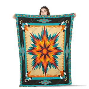 Native American Star Turquoise Throws Blanket Comfort Warmth Soft Blanket Fleece Blanket, Sherpa Blanket, Native American Decor