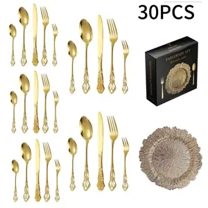 30-Piece Stainless Steel Palace Dinnerware Set, Dinner Sets, Vintage Relief Western Tableware, Craft Decorative Plastic Plates