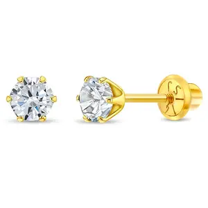 14k Gold Radiant Prong Set CZ 4mm Baby / Toddler / Kids Earrings Safety Screw Back