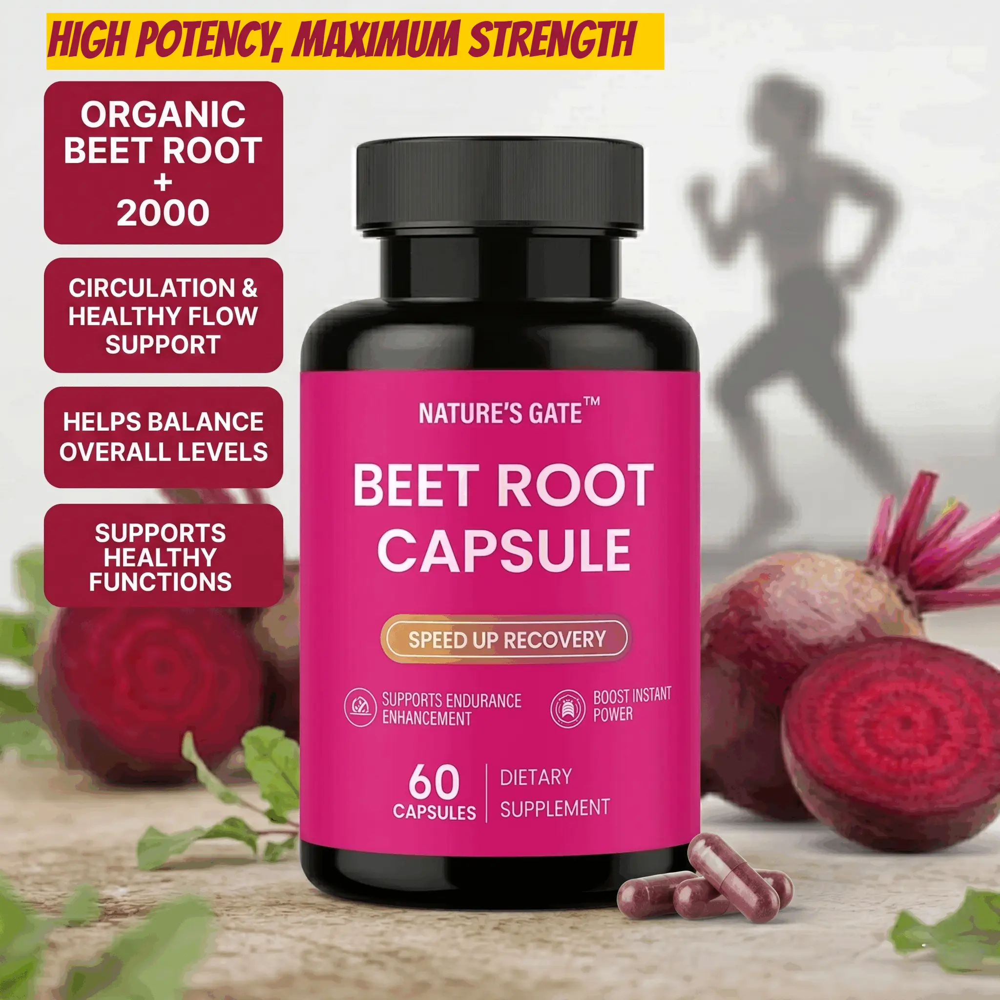 Organic Beet Root Tablets - Nitric Oxide Booster Beetroot Supplement 2000mg– Supports Endurance, Natural Energy & Post-Exercise Recovery | 60 Capsules |15 Servings oxide beet