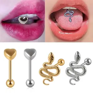 1/2/3PCS Surgical Steel Snake Tongue Piercing Studs Punk Hip Hop Rock Gold Color Heart Shape Tongue Barbell Rings Body Jewelry