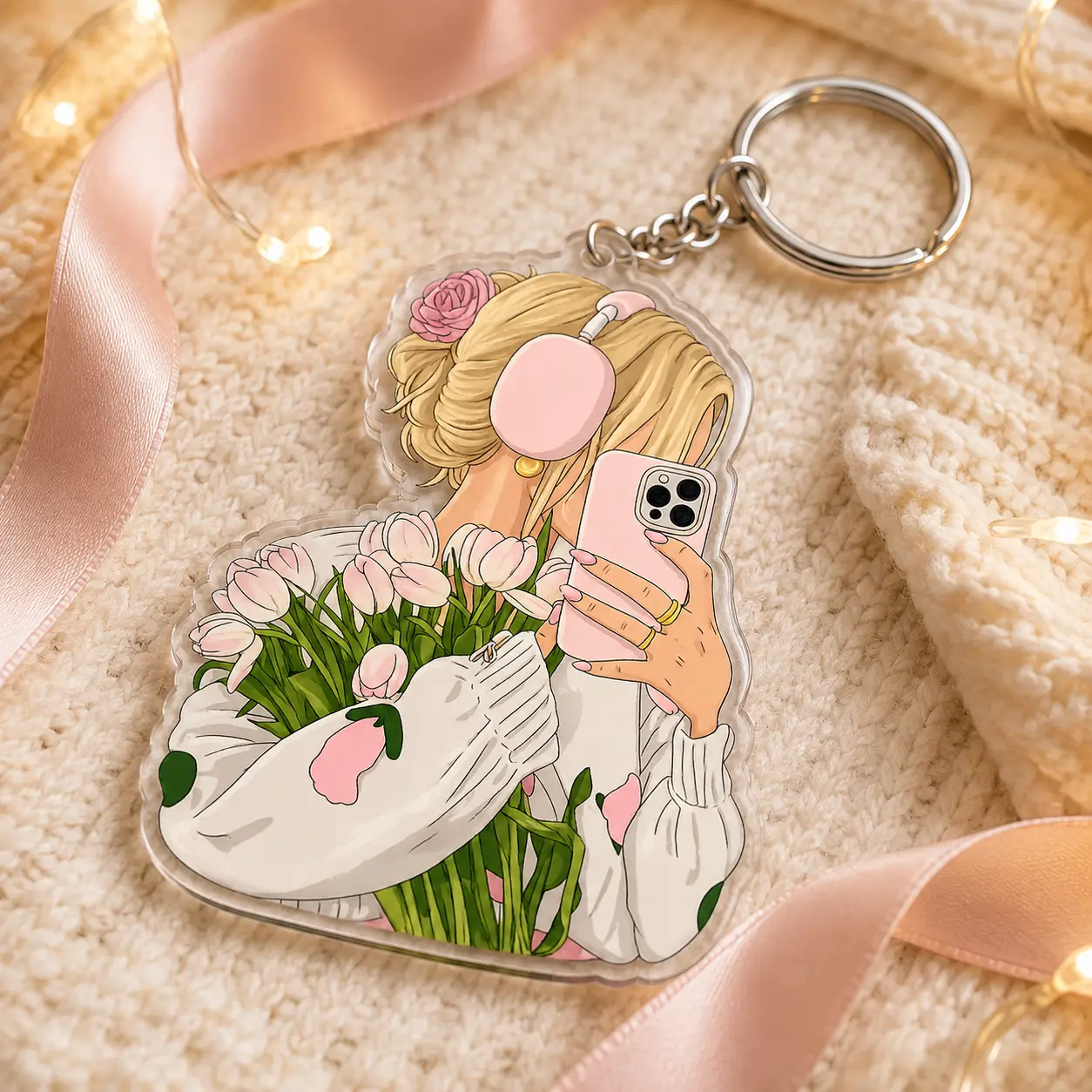 Pink Floral Girl Acrylic Keychain, Cute Fashion Key Ring, Tulip Lover Keychain, Girly Bag Charm, Gift for Her