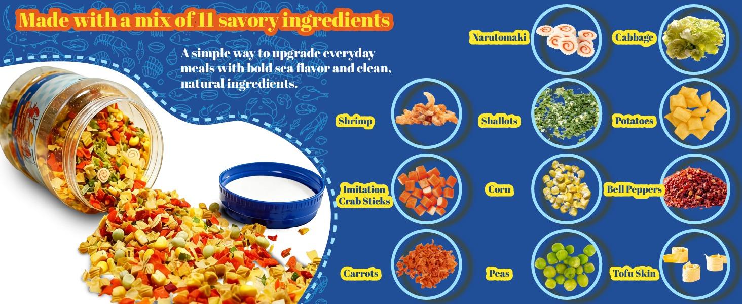 11.6oz Dried Ramen Toppings – 11 Mixed Dehydrated Seafood & Vegetables with Shrimp, Crab & Fishcake, Freeze-Dried Veggies for Soups, Salads, Pizza & Camping Meals