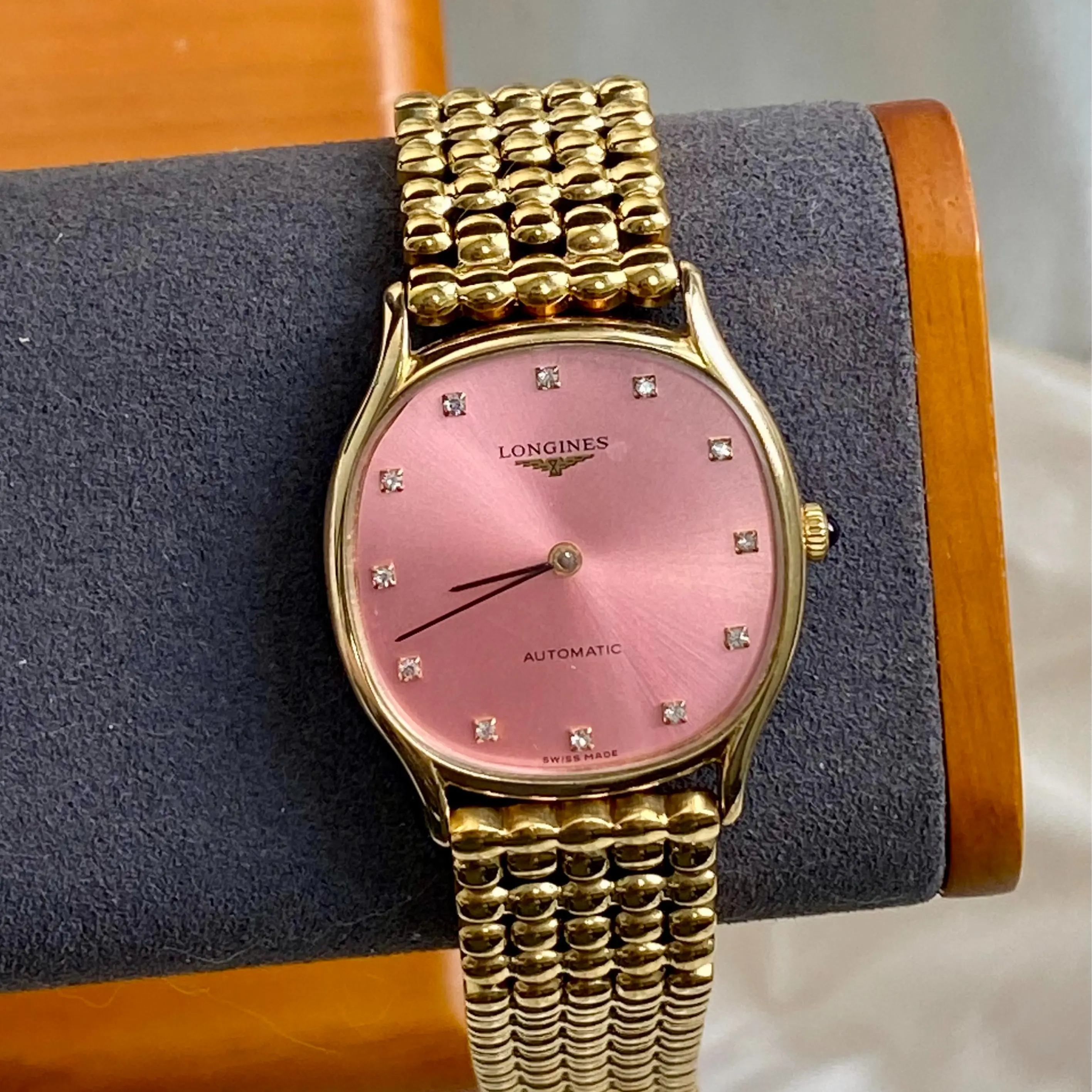 LONGINES Vintage Automatic Gold Plated Customized Pink Dial 32mm Ladies Watch 21870123