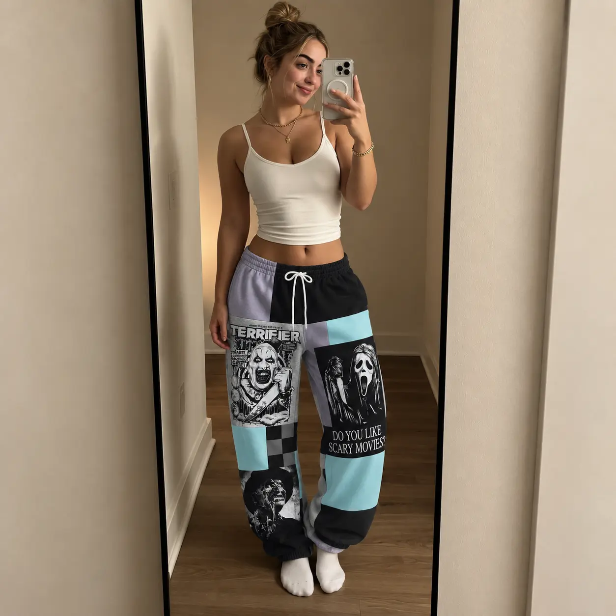 Terrifier & Ghostface Horror Sweatpants, Scary Movie Patchwork Jogger Pants, Halloween Graphic Streetwear, Unisex Horror Fan Gift