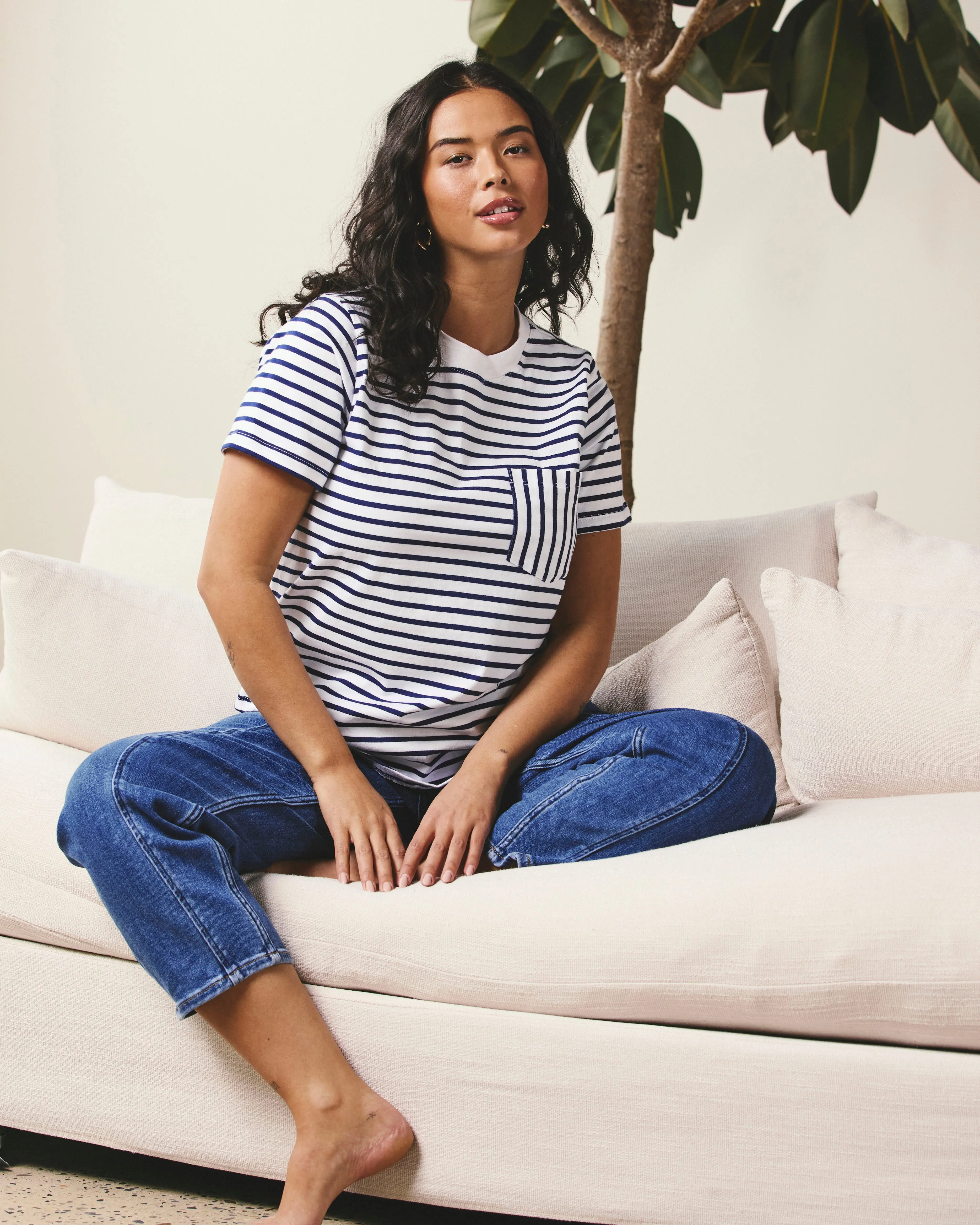 Women's Casual Shortsleeve Cotton Striped Breton High Crew Neck Boyish Fit T-Shirt - White/Cenote Stripe, With Pocket, Machine Washable, Non-Chlorine Bleach, Subtly Curved Hem