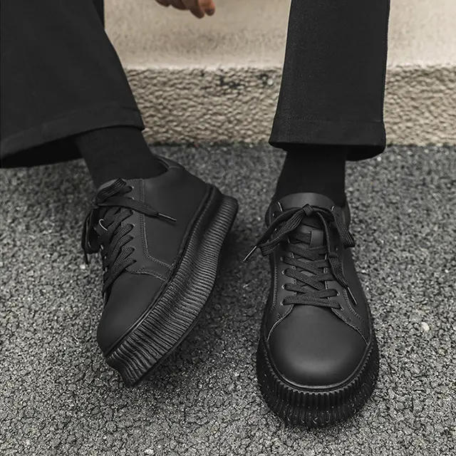 Mens Shoes Casual Sneakers Low Top Creepers Extreme Chunky Platform Thick Flatform Textured Ridged Sole Height Increasing Leg Lengthening Matte Leather Texture Lace Up Round Toe High Streetwear Goth Punk Style Edgy Avant Garde Everyday Fashion