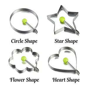 Reusable Stainless Steel Fun Shape Pancake Molds, 5-Piece Home Set with Egg Ring & Handle, Heart/Star/Flower/Circle Egg Shapers, Breakfast Kitchen Gadgets for Kids, Perfect Kitchen Gift Shaped Utensils