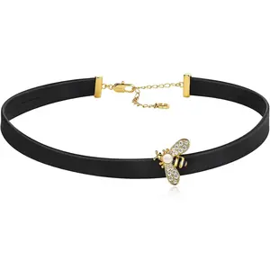 Cicy Bell Women's Black Choker Necklace 18k Gold Plated Brass Adjustable Faux Leather Punk Bumble Bee Round Party Collars Jewelry Gifts for Lover Friends