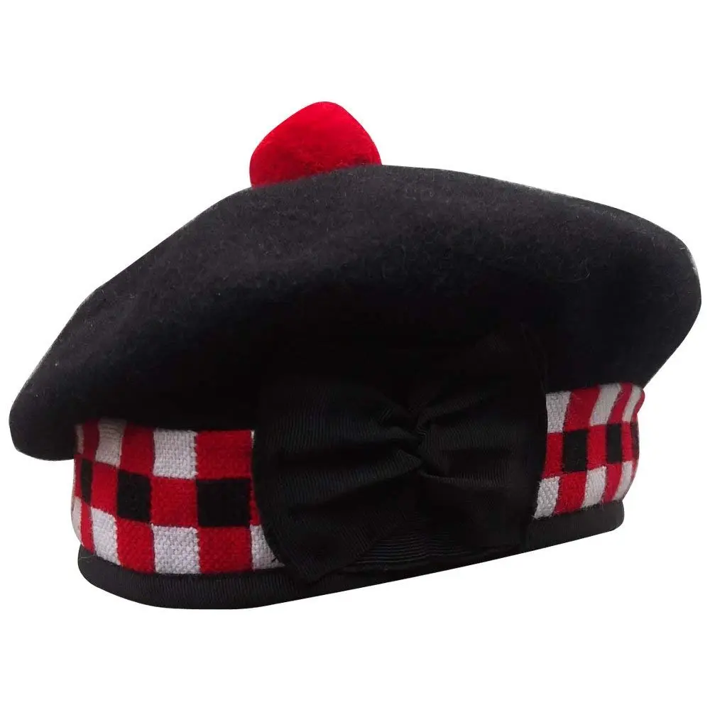 New Scottish Highland Cotton Balmoral Pom Pom Hat - 3-Color Diced Black Wool, Red Pompom on Top, Pom Pom Hats