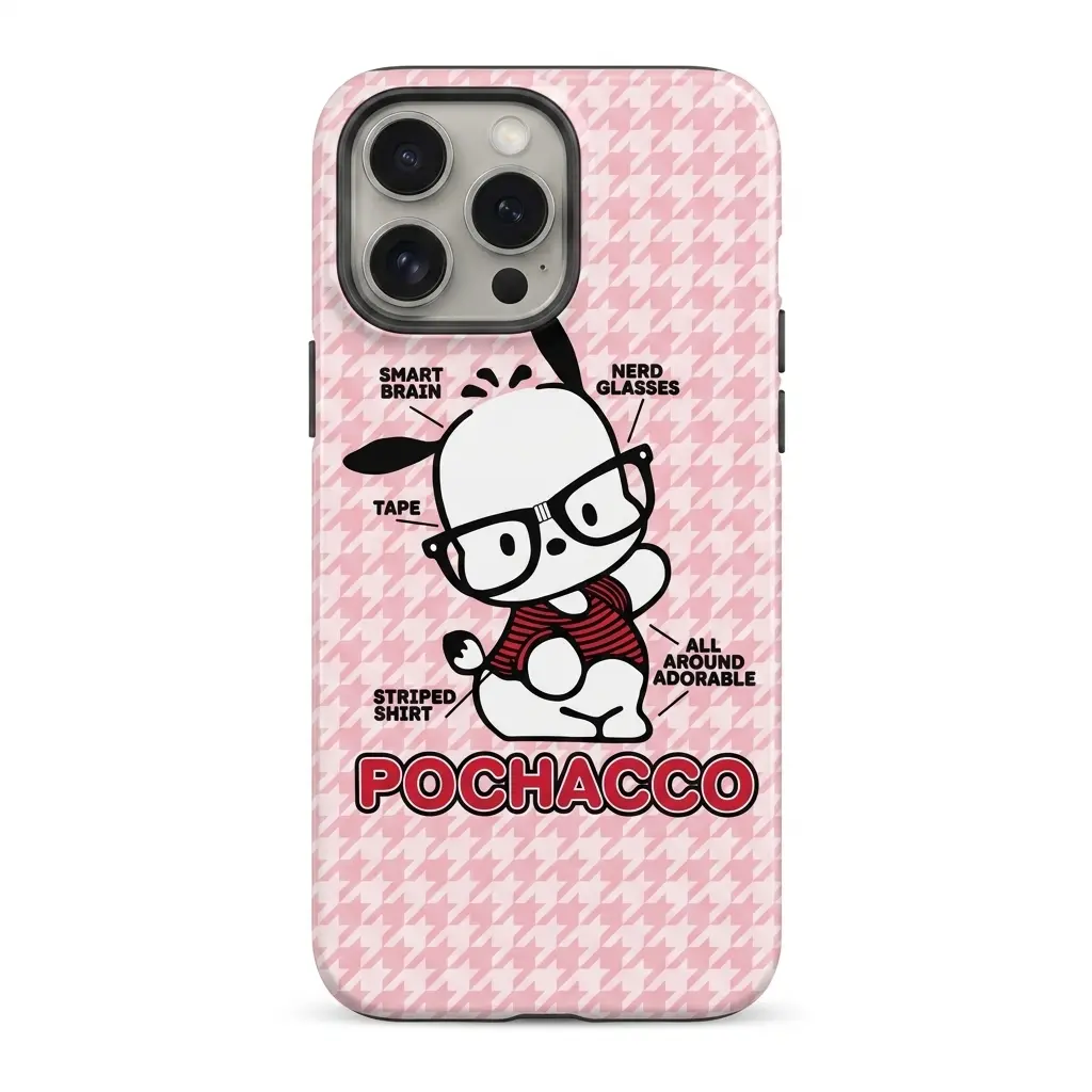Pochacco Nerd Glasses Pink Case for iPhone 11-17 Pro Max Galaxy S21-S26 Ultra, Cute Kawaii Sanrio Shockproof Protective Matte Phone Cover
