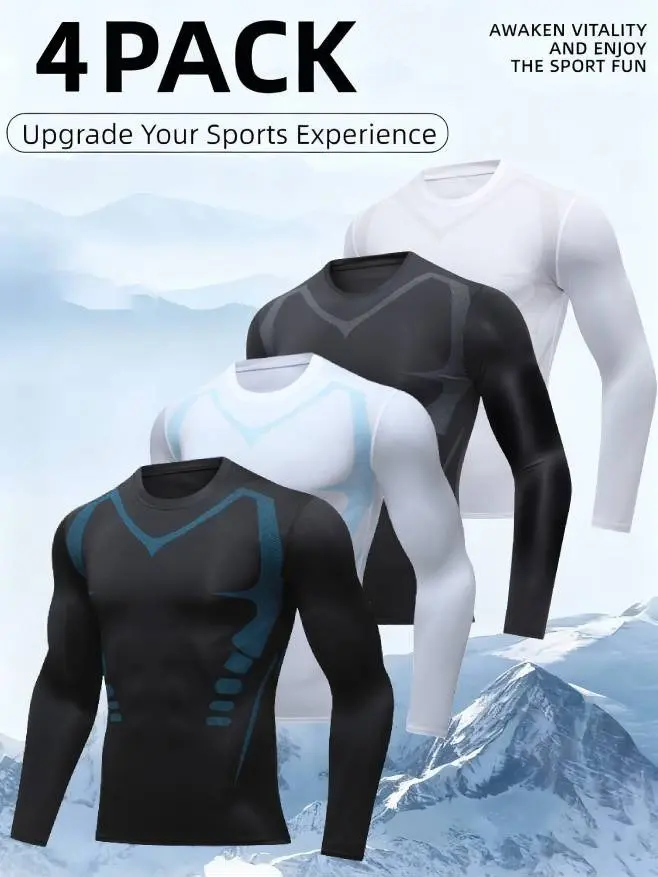 Men's 4-Piece Athletic Top Set - Lightweight, High-Stretch, Breathable, Stylish Striped Slim Fit Crew Neck Basic Shirts, Thermal Wear for All Seasons, Ideal for Running, Gym Workouts, Slim Fit Shirt, Comfortable Crew Neck, Soft Loungewear, Long, Machine W