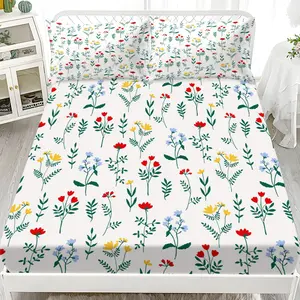 Three pieces with small floral patterns in the three primary colors  Print Fitted Sheet Set (1 Fitted Sheet + 2 Pillowcases), Casual Style, High-Quality Bedding for Bedroom or Guest Room