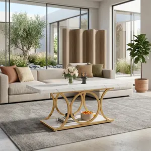 47.24 Inch 2-Tier Faux Marble Coffee Table, Modern Rectangular MDF Center Table with Gold Geometric Metal Legs, Waterproof Scratch Resistant Storage Coffee Table for Living Room Apartment Studio