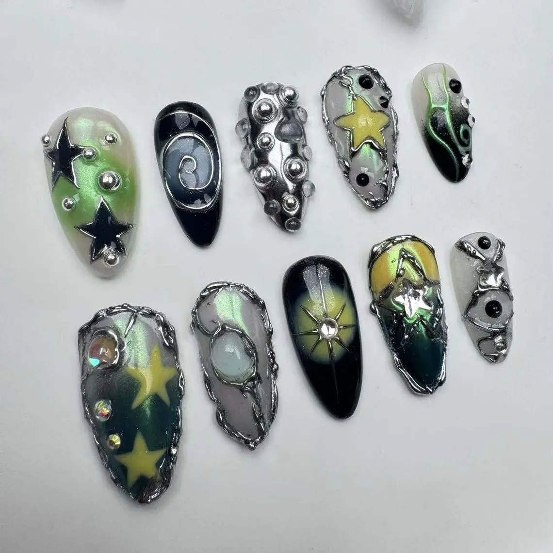Chrome Gothic Press On Nails | Silver 3D Cross Nail Art | Handmade Punk Fake Nails | Metallic Silver Acrylic Nails