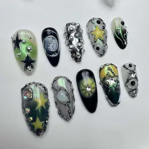 Chrome Gothic Press On Nails | Silver 3D Cross Nail Art | Handmade Punk Fake Nails | Metallic Silver Acrylic Nails