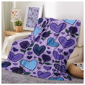 1 Purple and Blue Heart-Shaped Flannel Blanket for Valentine's Day | Soft and Warm Dark-Based Bedspread, Suitable for Naps, Camping, Travel, Car Use, Office - Warm Gift for Classmates, Friends, Family, Suitable as a gift sizes 60*80,30*40 ,40*50 50*60