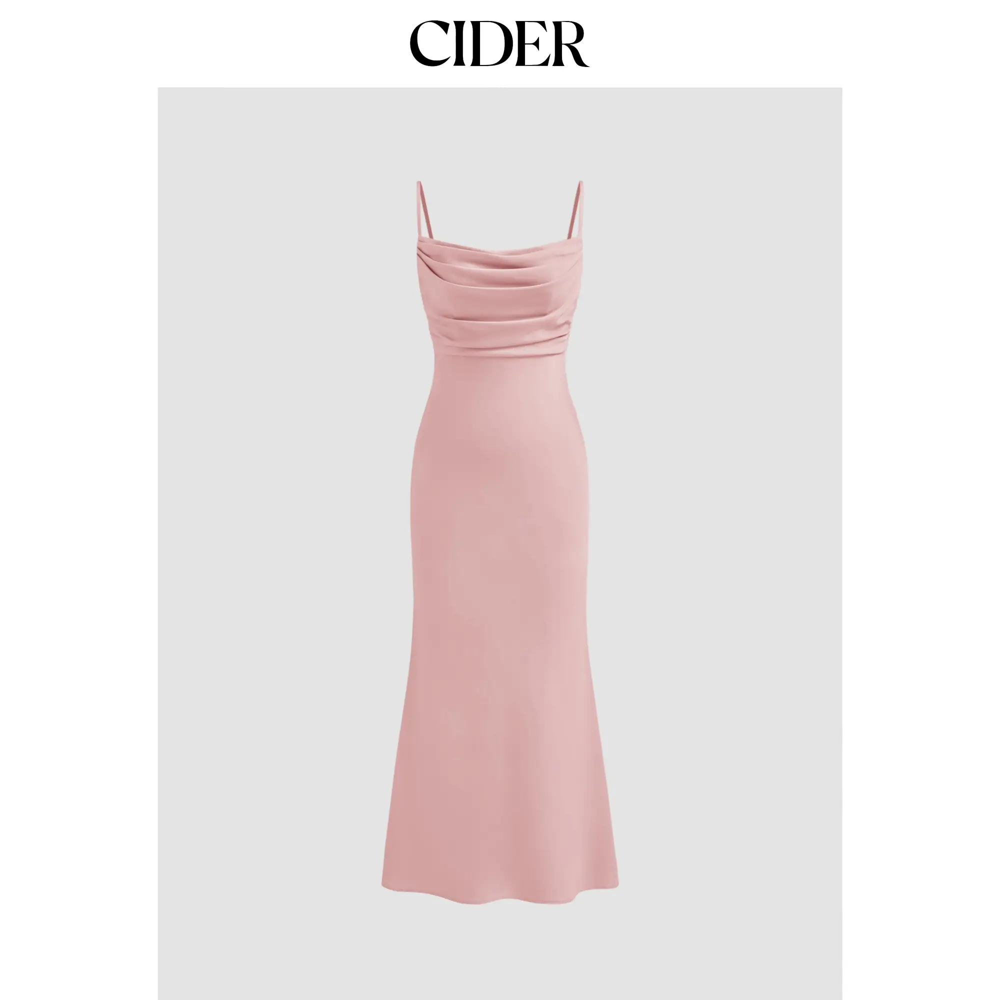 Cider Women's Elegant Satin Maxi Dress, Chic Minimalist Style with Square Neck, Ruched Bodice and Lace Trim