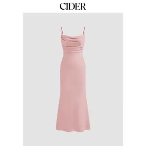 Cider Satin Square Neck Ruched Lace Maxi Dress