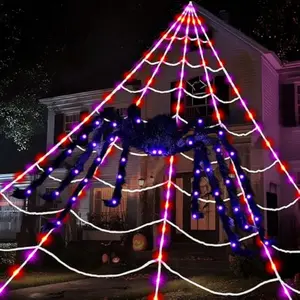 Halloween Spider Web and 59'' Giant Light-up Spider, 16.4 x 15.7 Ft Large Lighted Triangular Spiderweb with 8 Lighting Modes for Patio, Garden, Yard Haunted House Indoor Home Party Outdoor Decor