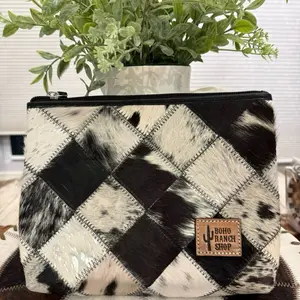 Boho Ranch Shop Patchwork Cosmetic Case - Cowhide Pattern, Zipper Closure, Stylish & Functional Makeup Organizer