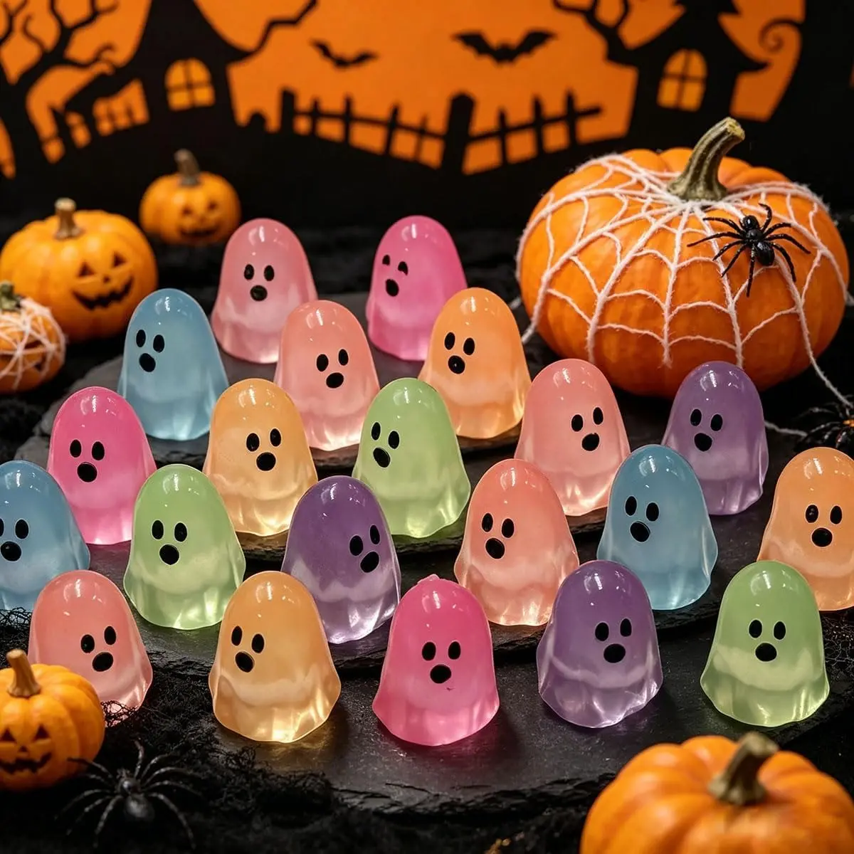 60 Pcs Halloween Glow-in-the-Dark Mini Resin Ghost Figures for Garden DIY Crafts