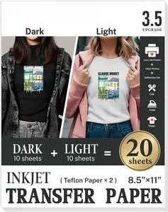 Upgraded version 3.5 Heat Transfer Paper for T Shirts - 20 Pack Mixed Light & Dark Iron on Transfer Paper, 8.5" x 11" Printable Heat Transfer Vinyl for Inkjet Printer, Durable & Easy to Use