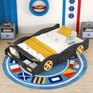 [Bellemave]Twin/Full Size Race Car-Shaped Platform Bed with Wheels and Storage, Black+Yellow    RR