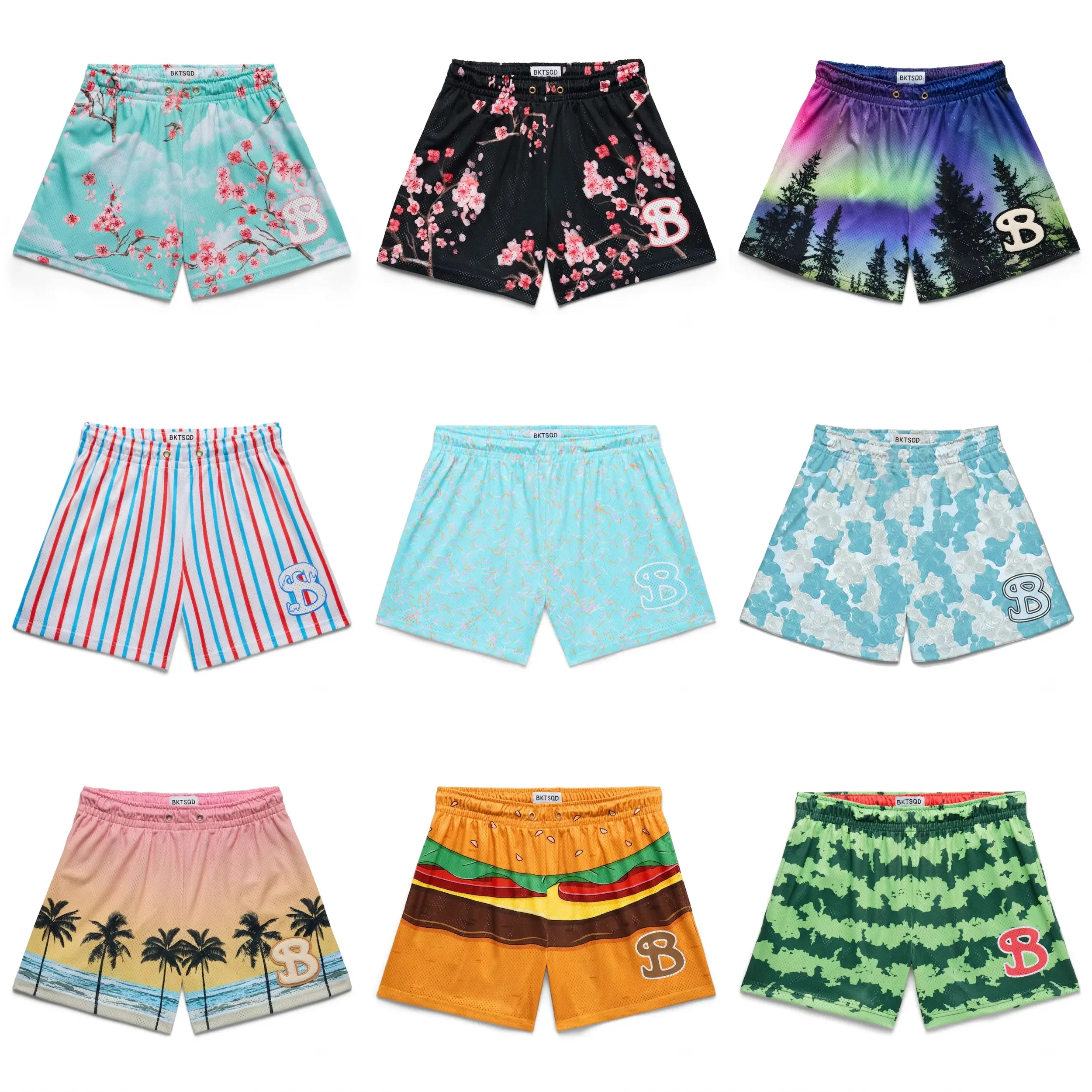 [ Baseball 101 Short ] Graphic Mesh Basketball Shorts - Men's Athletic Shorts with Sakura Cherry Blossom, Aurora Forest, Burger, Watermelon & Palm Tree Prints