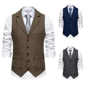 Men's Suit Vest Fashion Turn-Down Collar Pockets Suit Vests England Style Smart Casual Vintage Gentleman Leisure Party Waistcoat
