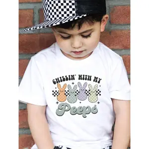 Boys' Easter Bunny Print T-Shirt, Cotton 100% Crew Neck Cute Top, Easter Outfit, Girls Summer Outfit, Toddler Boy Clothes, Chillin' With My  Kids Shirt, Retro Peep Easter Natural Baby  ® , Funny Easter Bunny Toddler T-Shirt Or Raglan Tee Kids Clothes Boys