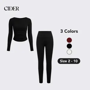 Cider [3 colors, size 2-10] Thermal Cotton-blend Boat Neck Solid Ruched Long Sleeve Tee & Thermal Cotton-blend Mid Rise Solid Legging