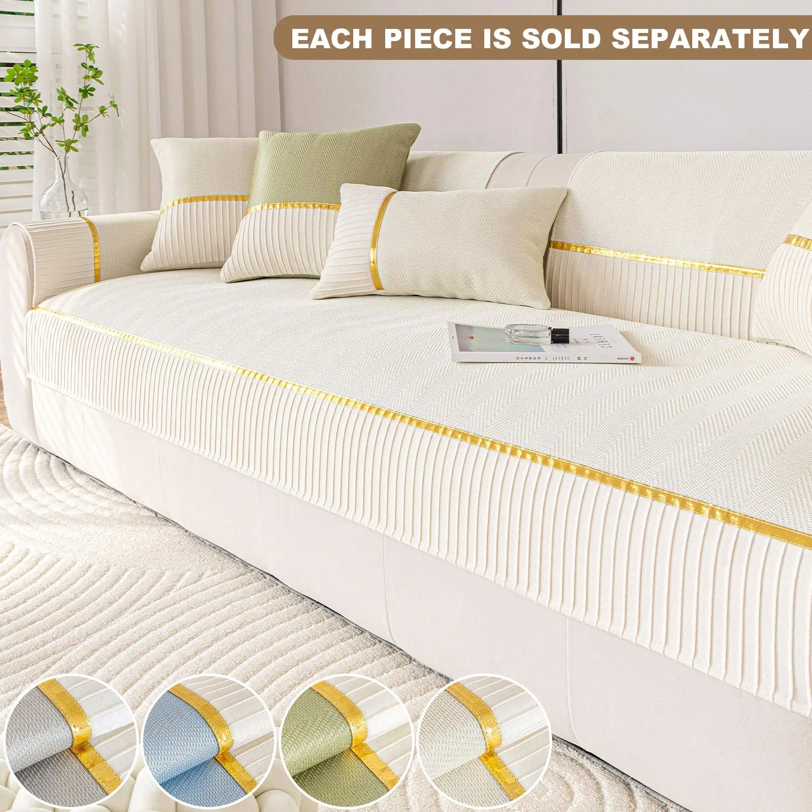 Ice Silk Gold Trim Sofa Cushion, Vintage High-End Luxury, Reusable All-Season Contemporary Style, Universal Fit for Four Seasons