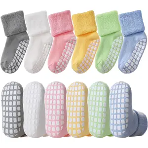 SQ-SOK007 Baby Girls Boys Non Slip Socks with Grips Toddler Kids Unisex Warm Thick Cotton Ankle Crew Socks with Grippers