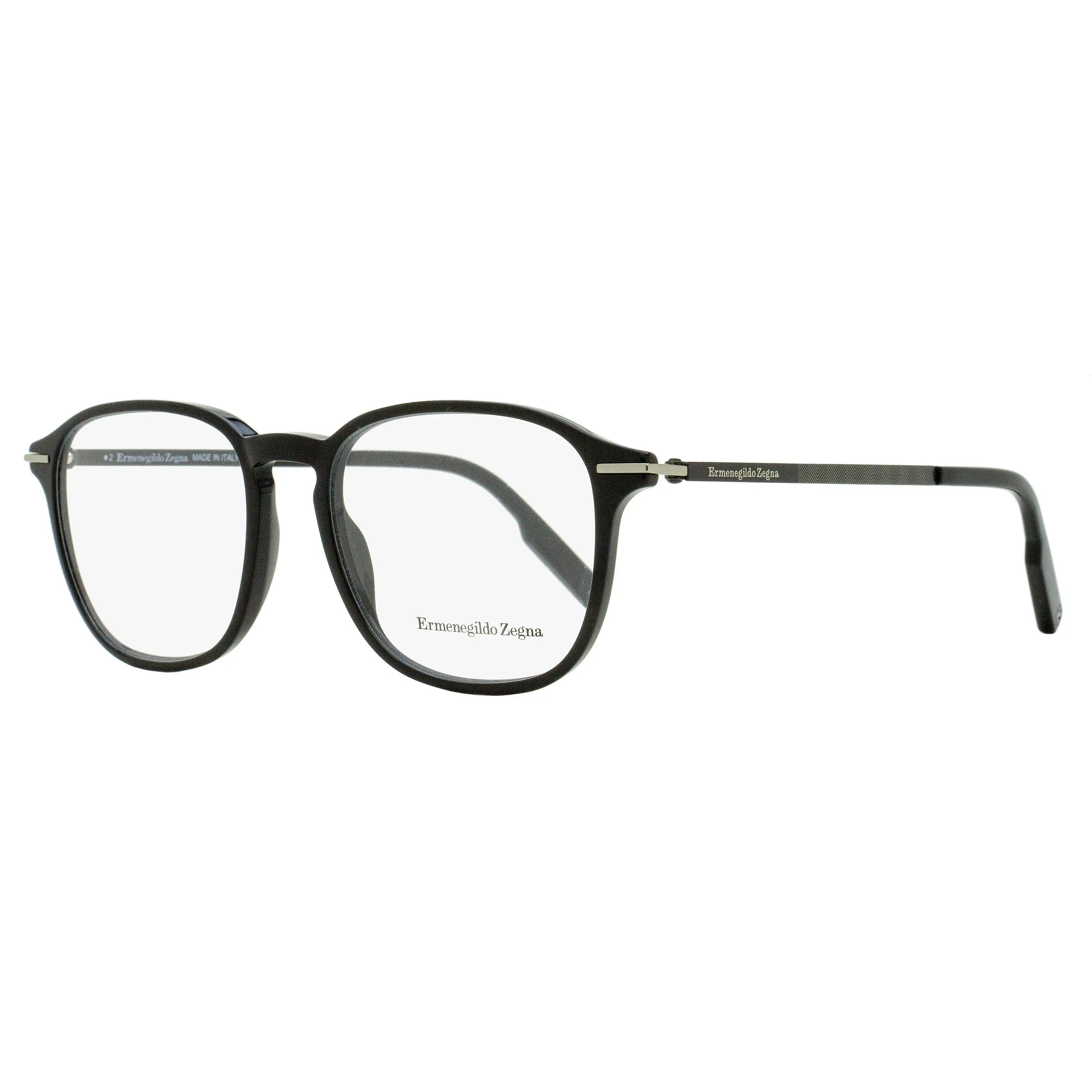 Zegna Men's Full Rim Soft Square Acetate Eyeglass Frames - Keyhole Bridge, Zegna Herringbone Pattern Metal Temples, Bisphenol A (BPA)-Free DEHP-Free Materials, Modern Style, Refined Aesthetic, EZ5229 Black 52mm, Yes to Safe Design
