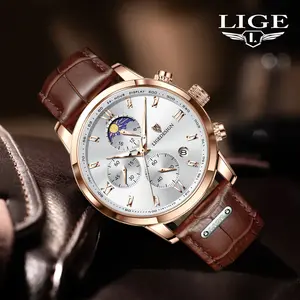 LIGE Multifunctional Chronograph Moon Phase Leather Adult Retro Round Business Style Luxury Watch Waterproof Casual Sporty Design new luminous man